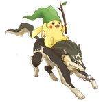  blue_eyes clothed_pokemon company_connection crossover earrings gen_1_pokemon hat jewelry link link_(wolf) lowres nintendo no_humans pikachu pokemon pokemon_(creature) smile stick straddling the_legend_of_zelda the_legend_of_zelda:_twilight_princess wolf 