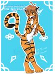  breasts brown_hair ear_piercing fang feline female flora_(twokinds) giftart green_eyes hair nekostar orange piercing pubic_tuft solo standing stripes tail tiger twokinds 