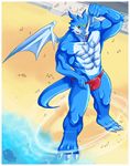  beach bo-gilliam bulge claws digimon dragon exveemon face_markings fangs grin horns looking_at_viewer macro male markings muscles presenting red_eyes reptile scalie seaside solo speedo standing swimsuit tail tongue underwear wings xbuimonsama 