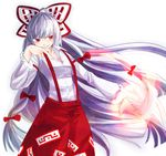  bad_id bad_pixiv_id bluespeaker bow dress_shirt fire fujiwara_no_mokou hair_bow hair_ribbon long_hair pants red_eyes ribbon shirt silver_hair smirk solo suspenders touhou very_long_hair white_hair 