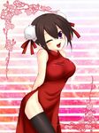  black_legwear black_thighhighs blush breasts brown_hair china_dress chinese_clothes double_bun dress female gradient gradient_background highres kanai_amachi large_breasts open_mouth original purple_eyes short_hair smile solo thighhighs wink 