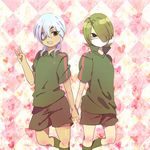  2boys asagi36428 black_eyes brown_eyes eyepatch green_hair hand_holding inazuma_eleven inazuma_eleven_(series) multiple_boys sakiyama_syuji sakuma_jirou soccer_uniform sportswear uniform 