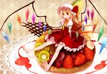  adapted_costume argyle argyle_background ascot bare_legs barefoot blonde_hair doily feet finger_to_mouth flandre_scarlet food fruit grapes hat highres in_food kiwifruit koto_(colorcube) lace_background minigirl orange red_eyes short_hair side_ponytail sitting smile solo strawberry syrup tart_(food) touhou wings 