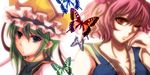  bad_id bad_pixiv_id blue_eyes breasts bug butterfly cleavage earrings eyelashes face green_hair hair_bobbles hair_ornament hat highres insect jewelry medium_breasts multiple_girls one_eye_closed onozuka_komachi pink_hair red_eyes shiki_eiki shisei_(kyuushoku_banchou) short_hair sleeveless stud_earrings touhou two_side_up 