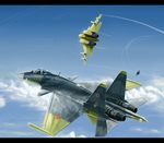  ace_combat_04 aerial_battle aircraft airplane battle cloud condensation_trail day dogfight emblem fighter_jet flying jet kcme letterboxed military military_vehicle missile no_humans pilot su-37 yellow_4 
