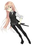  androgynous blonde_hair female formal frown glasses hand_on_hip hips long_hair necktie original red_eyes reverse_trap shiro_shougun solo suit sword tomboy weapon 