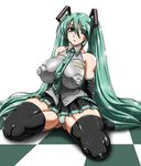  bad_anatomy boots breasts checkered checkered_floor covered_nipples detached_sleeves green_eyes green_hair hatsune_miku headset highres huge_breasts impossible_clothes impossible_shirt long_hair necktie panties puffy_nipples shirt sitting skirt solo striped striped_panties thigh_boots thighhighs twintails underwear very_long_hair vocaloid yukimaru_(gojo) 