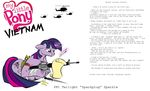  bandage bullets cutie_mark english_text equine female feral friendship_is_magic hair helicopter horn horns horse knife m16 magic mammal my_little_pony plain_background pony quill_pen scroll solo text twilight_sparkle_(mlp) two_tone_hair unicorn unknown_artist vietnam white_background 
