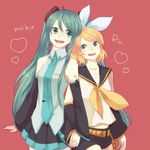  aqua_eyes aqua_hair bad_id bad_pixiv_id blonde_hair hair_ornament hair_ribbon hairclip hatsune_miku holding_hands kagamine_rin long_hair multiple_girls necktie ninjin_(hanamushiro) ribbon short_hair skirt smile twintails vocaloid 