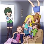  arm_hug between_legs blush cheek-to-cheek closed_eyes futami_ami futami_mami hoshii_miki idolmaster idolmaster_(classic) minase_iori mole mole_under_mouth multiple_girls otonashi_kotori p-head_producer producer_(idolmaster) puton saliva sitting sitting_on_lap sitting_on_person sleeping smile takatsuki_yayoi thighhighs upside-down 