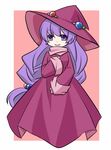  dress full_body hat jewelry long_hair monster_maker pekeruno pink_background purple_eyes purple_hair rufia_(monster_maker) simple_background smile solo witch witch_hat 