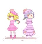  2girls alternate_costume bat_wings beret blonde_hair blush_stickers chibi contemporary dress flandre_scarlet hat inishie multiple_girls purple_hair red_eyes remilia_scarlet siblings sisters standing touhou wings 