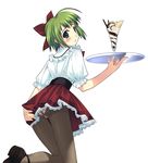  ahoge ass banana blush bronze_parrot copyright_request crotch_seam food fruit green_eyes green_hair highres ice_cream looking_back murakami_suigun panties panties_under_pantyhose pantyhose simple_background skirt solo tray trefoil underwear upskirt waitress 