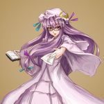  bespectacled blush book crescent glasses hat long_hair lowres patchouli_knowledge purple_eyes purple_hair sasaae_(artist) solo touhou 