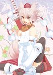  animal_ears bare_shoulders black_legwear body_mahattaya_ginga buckle crossed_legs detached_sleeves geta hat inubashiri_momiji open_mouth pom_pom_(clothes) red_eyes scarf short_hair silver_hair sitting smile solo sword tail thighhighs tokin_hat touhou v_arms weapon white_hair wolf_ears wolf_tail 