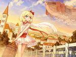  ahoge aircraft airship aqua_eyes blonde_hair blue_sky bow choker cloud fence hair_bow highres original ribbon_choker shigatake skirt sky solo suitcase town tree walking wallpaper white_skirt wind wings 