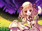  bad_id bad_pixiv_id blonde_hair blush bug douji dress dress_lift drill_hair field firefly flower flower_field hat insect luna_child night red_eyes solo touhou wings 