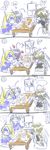  4koma :&lt; :t ahoge blazblue blonde_hair braid chibi comic eating food forehead_protector heart heart_ahoge highres lambda-11 mu-12 multiple_girls nu-13 ragna_the_bloodedge robot_ears silver_hair tasuku_(1v1l) television theft translated 