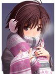  antenna_hair black_eyes blue_background blue_eyes blush border breath brown_hair cold covered_mouth earmuffs face fingernails hands idolmaster idolmaster_(classic) kikuchi_makoto looking_at_viewer nekopuchi outside_border portrait scarf short_hair simple_background smile solo striped striped_scarf upper_body white_border winter_clothes 
