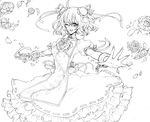  absurdres bad_id bad_pixiv_id bandages bracelet bun_cover double_bun dress flower greyscale hair_ribbon highres ibaraki_kasen jewelry lineart monochrome one_eye_closed open_mouth petals petticoat ribbon short_sleeves sketch smile solo touhou yutsumoe 
