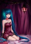  aqua_eyes aqua_hair bare_shoulders chain curtains dress gloves hatsune_miku jewelry lantern long_hair necklace pearl_necklace petals plutokelp sitting solo strapless strapless_dress twintails very_long_hair vocaloid 