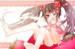  bare_shoulders barefoot black_hair bra bracelet child feet female food fruit hair_ornament jewelry lingerie long_hair open_mouth original panties red_eyes see-through smile sole soles solo strawberry tanaka_nyan toes twintails underwear white_background wink 