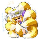  &gt;_&lt; 1girl between_legs blonde_hair blush chibi closed_eyes fang fox_tail hand_on_headwear hat highres kazami_karasu multiple_tails ofuda open_mouth solo tail tail_between_legs tears touhou trembling wavy_mouth yakumo_ran 