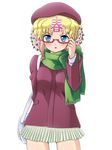  :o adjusting_eyewear bag blonde_hair blue_eyes blush coat glasses haru-chan hat mameshiba nippon_housou_kyoukai scarf skirt solo 