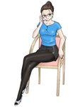  adjusting_eyewear black_legwear brown_eyes brown_hair chair copyright_request crossed_legs fashion full_body glasses high_heels legs pantyhose ponytail shoes simple_background sitting skirt solo uraharukon 