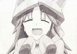  animal_ears eyes_closed hat infinite_stratos long_hair monochrome nohotoke_honne open_mouth sketch sleeves_past_wrists smile 
