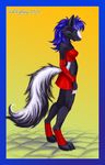  ankle_bracers anthro bipedal black_fur blaze_(marking) blue_hair border colored digital_media_(art) ears_up female fingerless_(marking) full-length_portrait fur gradient_background hair kekpafrany looking_down mammal miniskirt orange_background pink_nose plain_background pointy_ears red_armwear red_bottomwear red_legwear red_shin_guards red_skirt red_top red_topwear side_view simple_background skirt skunk solo standing stone_floor striped_tail 