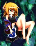 bare_shoulders barefoot blonde_hair breasts frown green_eyes legs long_legs midriff mizuhashi_parsee nosada off_shoulder pointy_ears small_breasts solo thighs touhou 