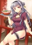  blush bowl breasts china_dress chinese_clothes cleavage_cutout double_bun dress face food grey_hair hairband idolmaster idolmaster_(classic) k.y_ko leaning leg_garter lips long_hair medium_breasts no_panties noodles ramen red_eyes shijou_takane side_slit silver_hair smile solo tray 