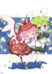  animal_ears antennae bad_id bad_pixiv_id closed_eyes danmaku green_hair hat highres jigatei_(omijin) multiple_girls mystia_lorelei open_mouth pink_hair purple_eyes short_hair smile touhou wings wriggle_nightbug 