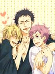  3boys ao_no_exorcist black_hair blonde_hair brothers brown_eyes eyes_closed heart hug male male_focus multiple_boys open_mouth pink_hair shima_juuzou shima_kenzou shima_renzou siblings smile 