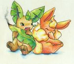  angry blush cute eeveelution eyes_closed fangs feral flareon green_eyes hindpaw leaf_tail leafeon nintendo open_mouth paws pok&#233;mon pok&eacute;mon simplepale sitting teeth tooth video_games 