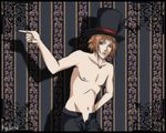  animated animated_gif character_request drocell gif hat kuroshitsuji lowres male male_focus meme orange_hair pants_open purple_eyes solo top_hat topless 