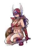  abs armor bikini_armor boots dragon_quest dragon_quest_iii elbow_gloves gloves helmet highres long_hair muscle navel purple_eyes purple_hair red_armor shield soldier_(dq3) solo sword twinpoo weapon winged_helmet 