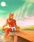  augi blue_eyes brown_eyes bulge canine doberman dog male muscles necklace sitting solo swimsuit water 