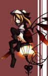  bad_id bad_pixiv_id black_legwear blonde_hair clair_(v0yance) faux_traditional_media flandre_scarlet grin hat highres lamp leg_lift profile red_eyes sitting smile solo thighhighs touhou wings 