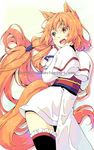  akashirokai animal_ears banned_artist fox_ears hair_tubes japanese_clothes kimono long_hair obi open_mouth orange_eyes orange_hair original sash sleeves_past_wrists solo star tail thighhighs very_long_hair 