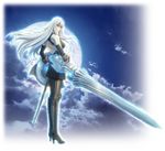  bare_shoulders boots cloud clouds detached_sleeves female full_body high_heels long_hair looking_back military military_uniform moon night official_art outdoors pantyhose polearm red_eyes selvaria_bles senjou_no_valkyria senjou_no_valkyria_1 sheath shield shoes silver_hair sky solo spear uniform weapon 