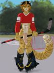  big_penis bottomless clothed clothing feline fluffy_tail gideon green_eyes half-dressed hi_res hockey_stick inline_skates male mammal penis sheath solo street_hockey tail vein 