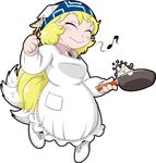  ^_^ animal_ears apron closed_eyes cooking fox_ears fox_tail frying_pan happy head_scarf kappougi leex multiple_tails musical_note rice short_hair smile solo tail touhou yakumo_ran 