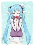  blue_hair blush candy_apple chain closed_eyes food hat kanyagi mini_hat mini_top_hat nymph_(sora_no_otoshimono) skirt solo sora_no_otoshimono top_hat twintails 