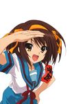  absurdres armband brown_eyes brown_hair hair_ribbon hairband highres kita_high_school_uniform nishiya_futoshi official_art orange_hairband perspective ribbon school_uniform serafuku short_hair solo suzumiya_haruhi suzumiya_haruhi_no_yuuutsu 