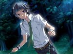  artist_request belt buckle dress_shirt game_cg green_neckwear kinose_azusa light_rays looking_at_viewer male_focus moonlight necktie outdoors pants shirt solo standing starry_sky_(game) white_shirt 