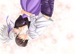  108_(ginyirokoubou) black_eyes black_hair blush couple dark_eyes dark_hair darker_than_black eye_contact hei looking_at_another purple_eyes upside-down upside_down yin 