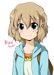  bag blush brown_eyes brown_hair flower hair_flower hair_ornament hanasaku_iroha jacket matsumae_ohana mitsuki_(mitsukitei) short_hair smile solo 