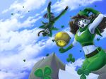  breasts brown_hair cauldron cleavage clothed clothing colin_&quot;sirac&quot;_akaelae female gloves green green_eyes hair holidays male mammal midriff mishakun quinn_&quot;muerte&quot;_akaelae raccoon sky st._patrick&#039;s_day st._patrick's_day upside_down 